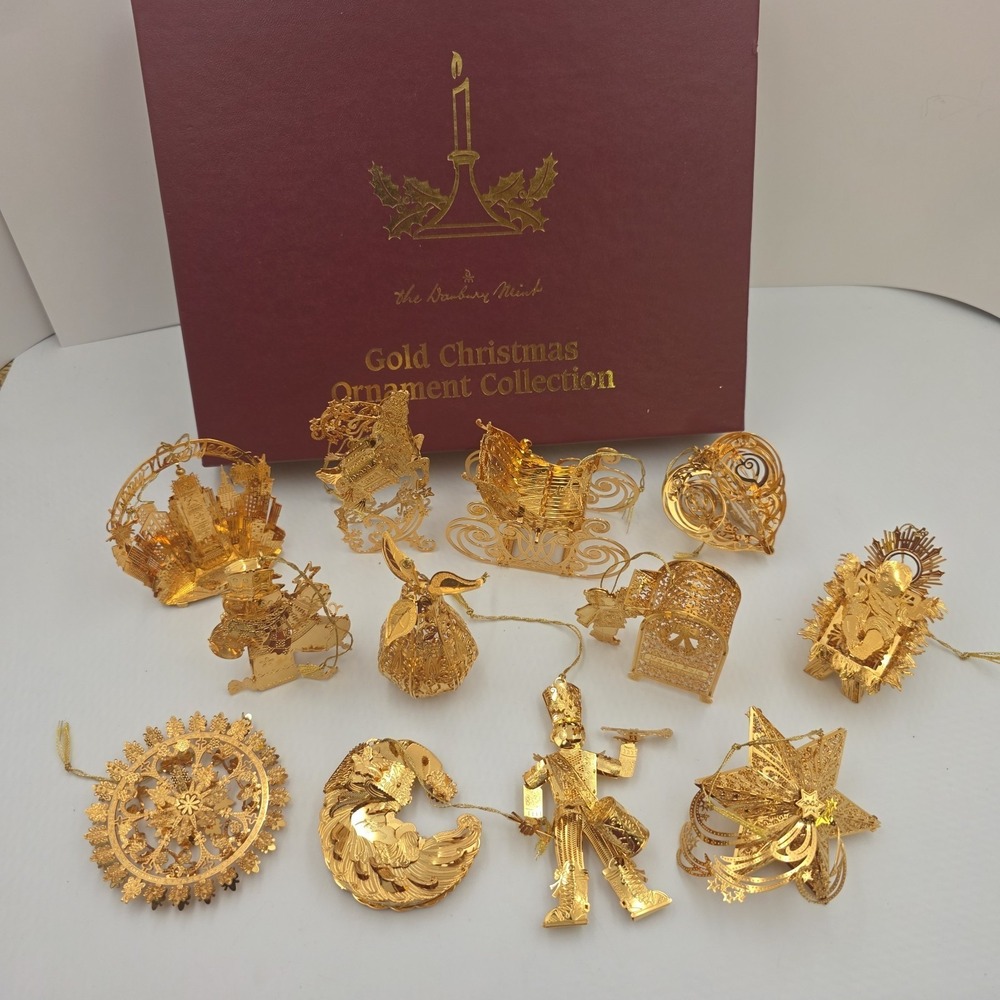 2004 Danbury Mint 23KT Gold Plated Christmas Ornament Collection Set12 Box 3D